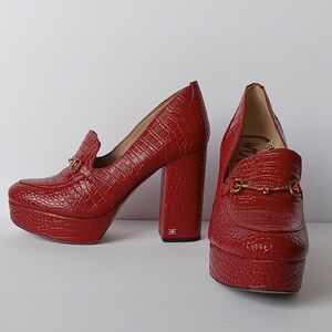 Sam Edelman Red Croc-Embossed Platform Loafers With Gold Equestrian Accents